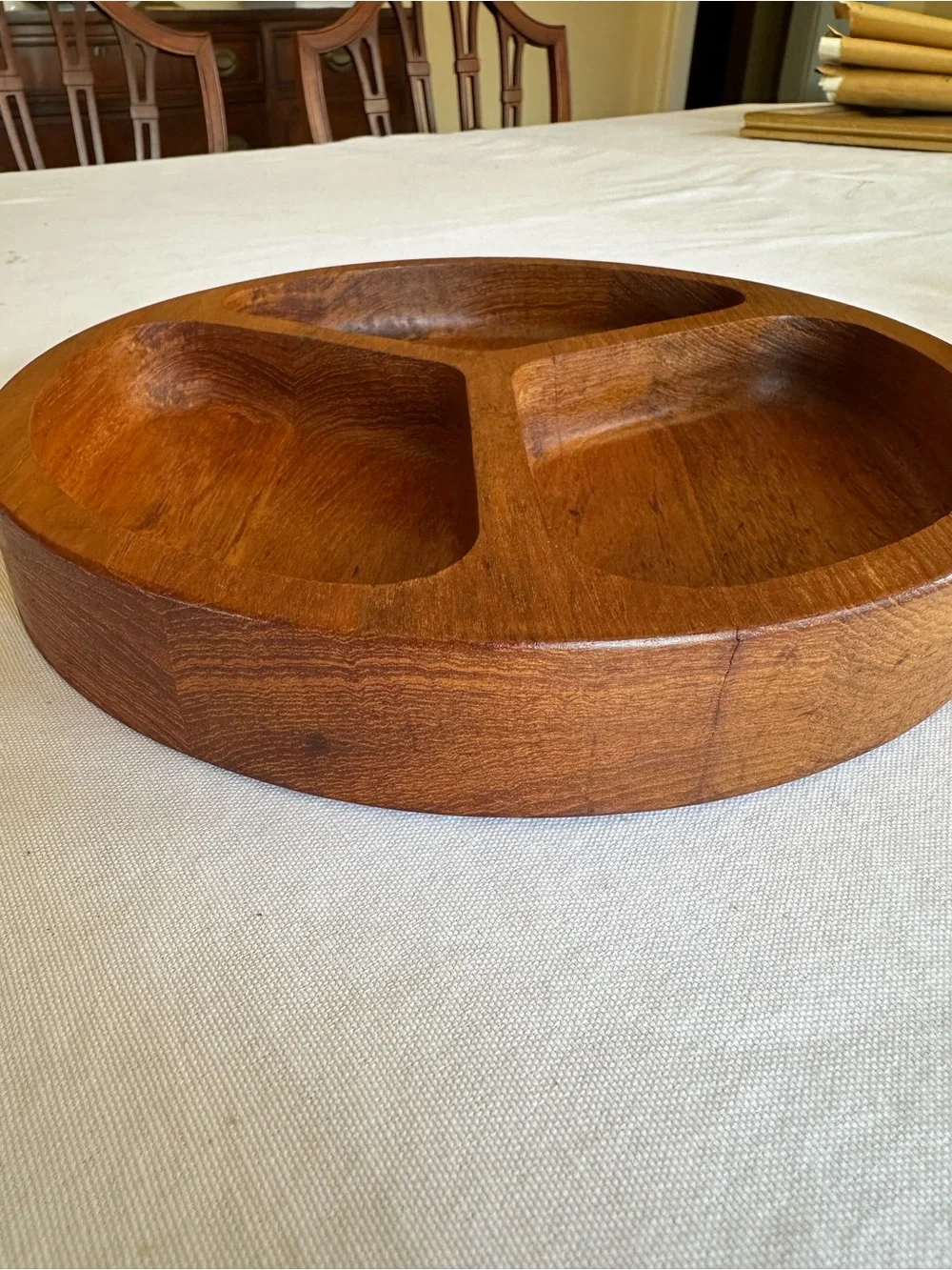 Vintage Dolphin Genuine Teak Wood Divided Serving Tray Round 3 Section 9.5” MCM
